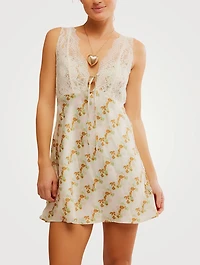 Countryside Lace-Trimmed Satin Mini Dress Floral Print