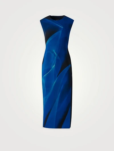 Wool Silk Midi Dress Cyanotype Print