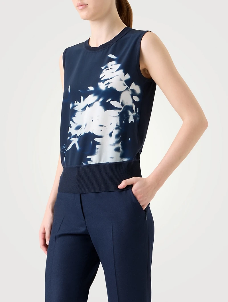 Mixed-Media Silk Top Wildflower Print