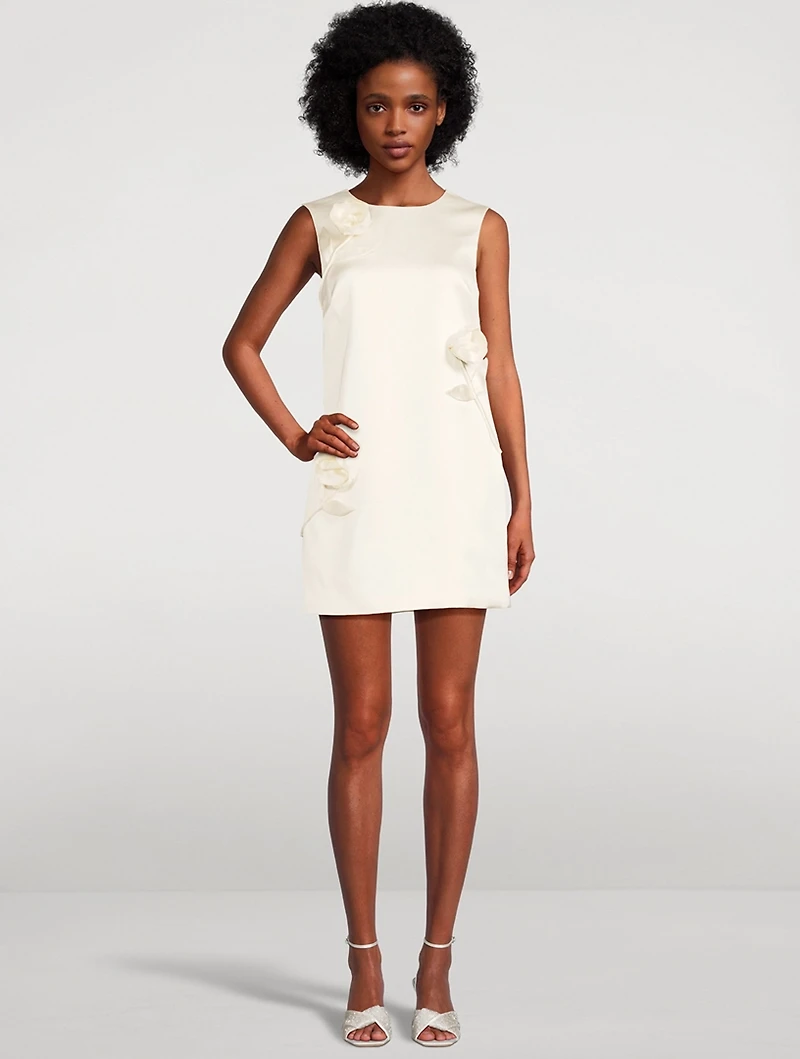 Satin Shift Dress With Floral Appliqué