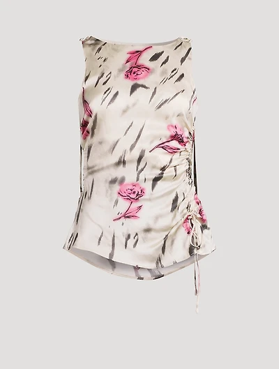 Side-Tie Satin Blouse Floral Print
