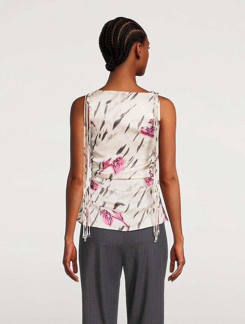 Side-Tie Satin Blouse Floral Print