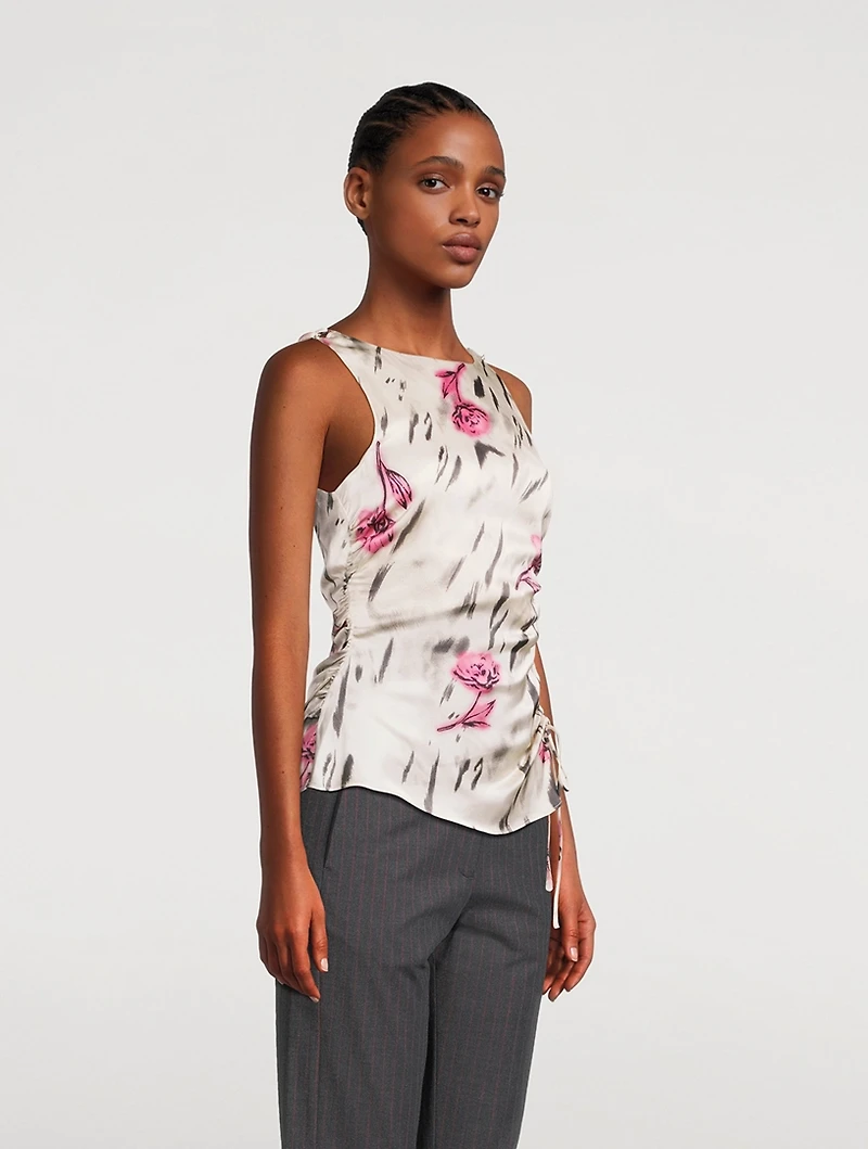 Side-Tie Satin Blouse Floral Print