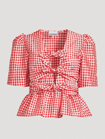 Crinkled Tie-Front Blouse Gingham Print