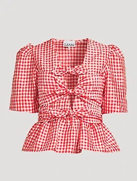 Crinkled Tie-Front Blouse Gingham Print