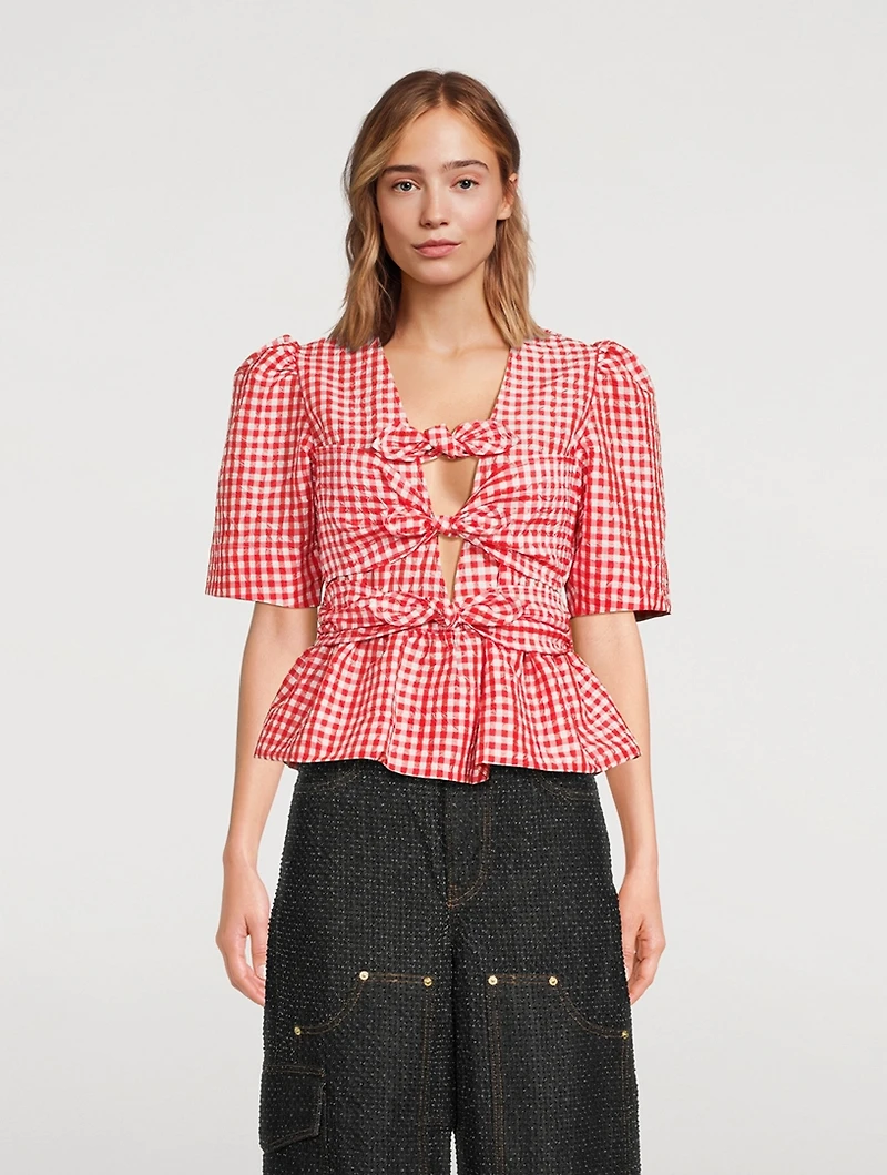 Crinkled Tie-Front Blouse Gingham Print