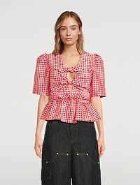 Crinkled Tie-Front Blouse Gingham Print