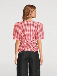 Crinkled Tie-Front Blouse Gingham Print