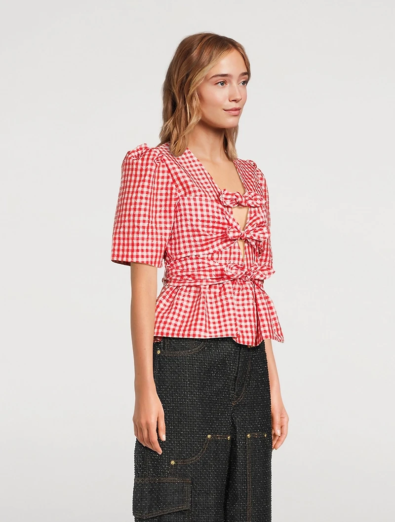 Crinkled Tie-Front Blouse Gingham Print