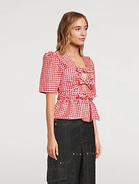 Crinkled Tie-Front Blouse Gingham Print