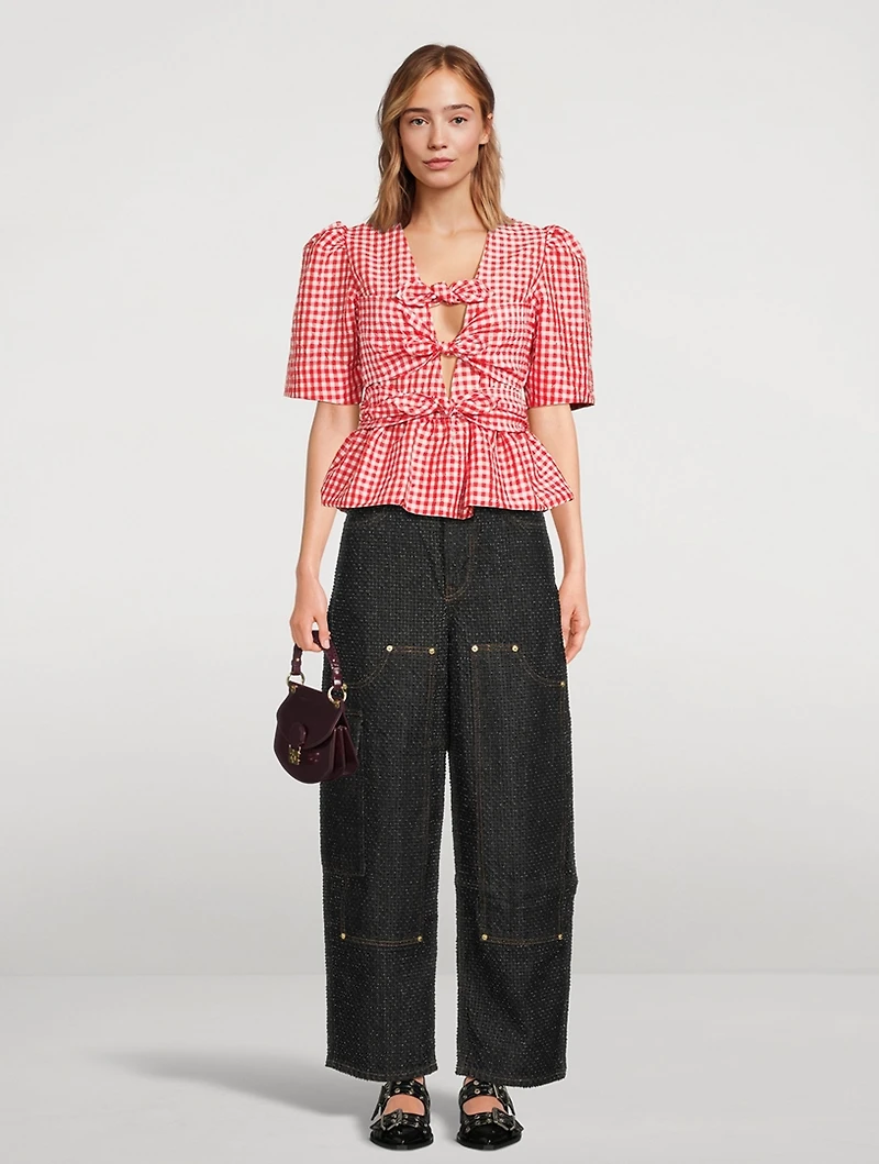 Crinkled Tie-Front Blouse Gingham Print