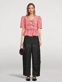 Crinkled Tie-Front Blouse Gingham Print