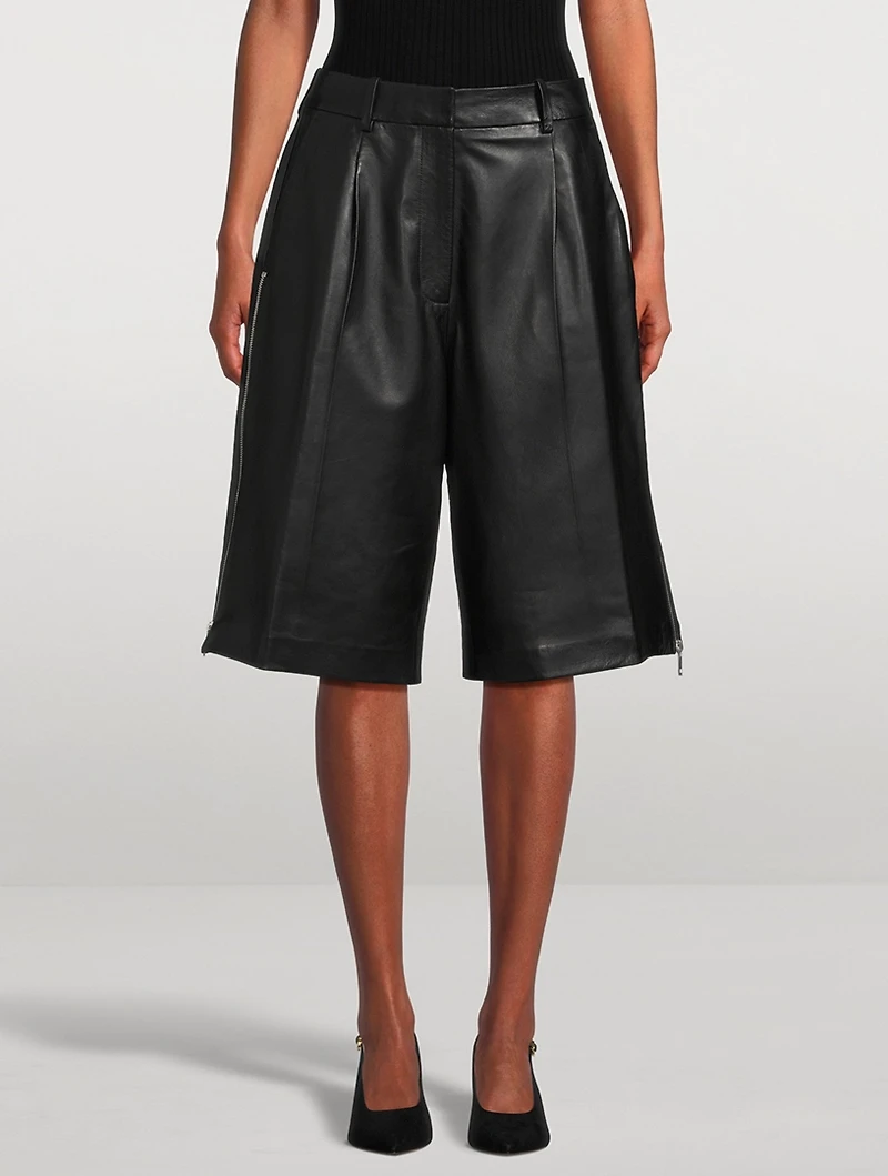 Side-Zip Leather Shorts