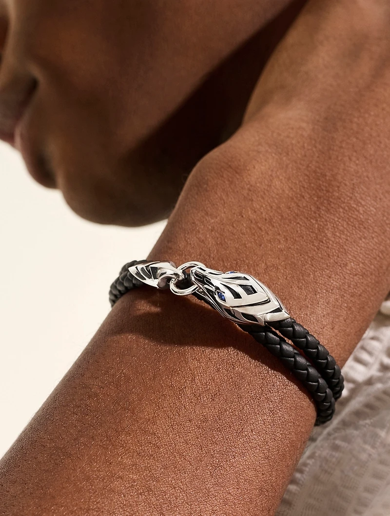 Naga Leather And Sterling Silver Wrap Bracelet With Blue Sapphire