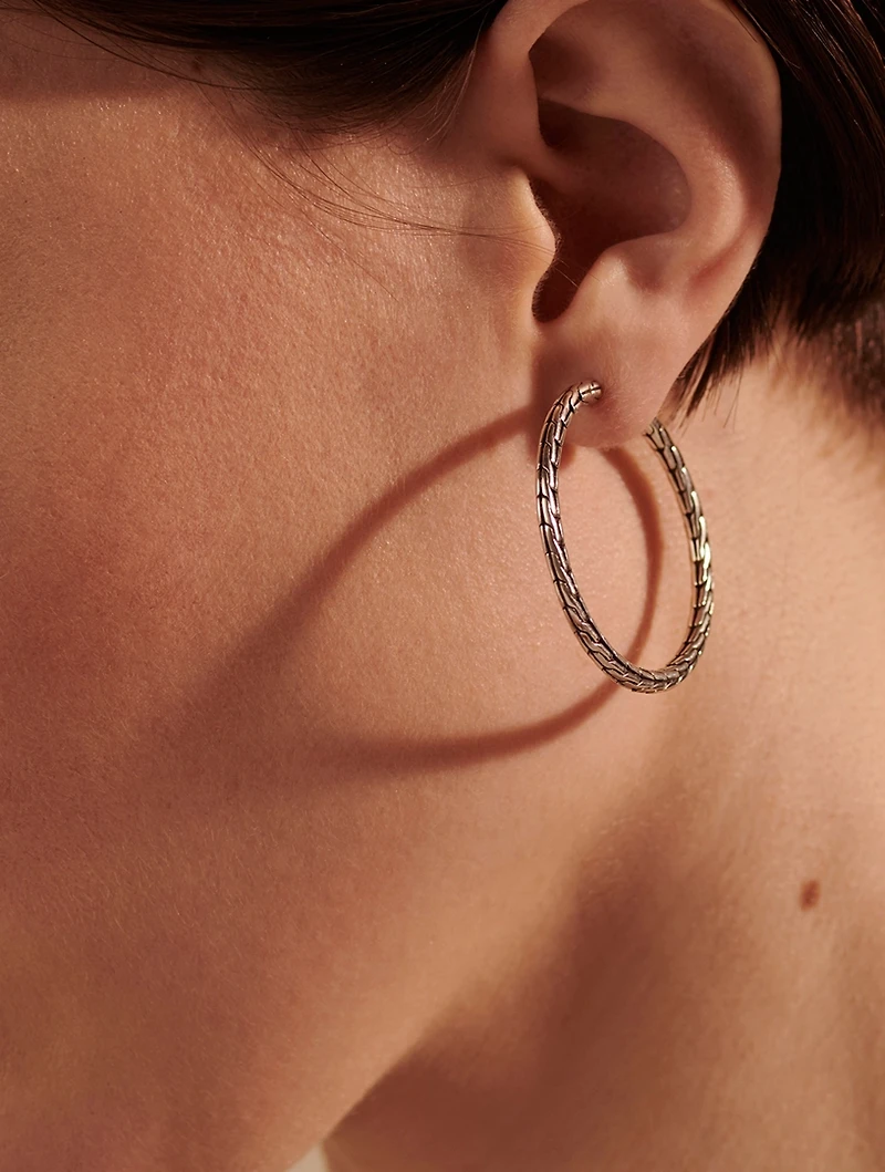Medium Carved Chain Sterling Silver Hoop Earrings