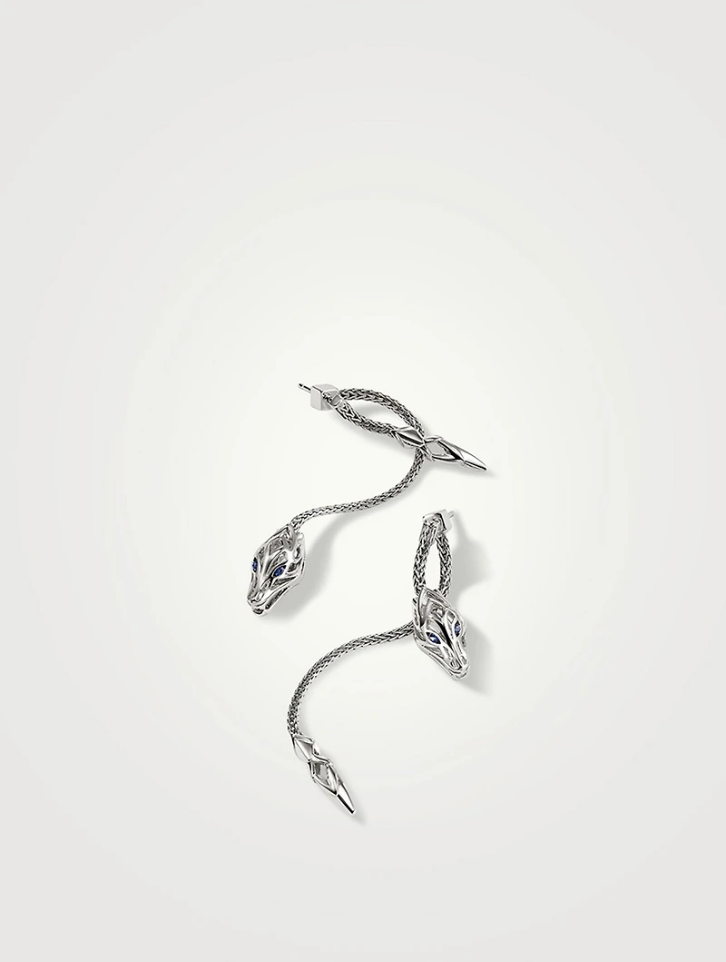 Naga Sterling Silver Linear Earrings With Blue Sapphire Eyes