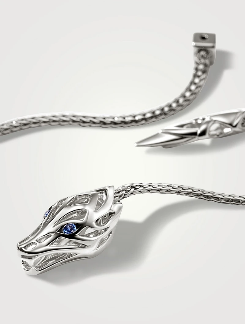 Naga Sterling Silver Linear Earrings With Blue Sapphire Eyes