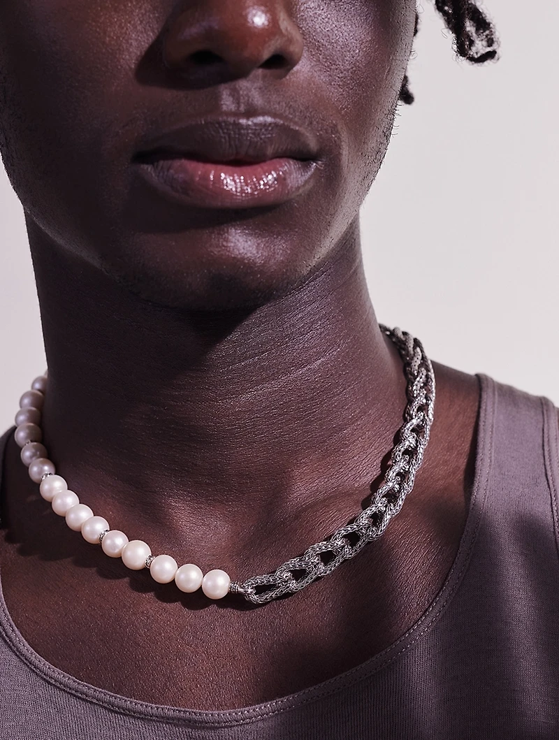 Surf Woven Link Sterling Silver And Pearl Necklace