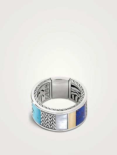 Streling Silver And Gold Carved Chain Ring With Gemstones