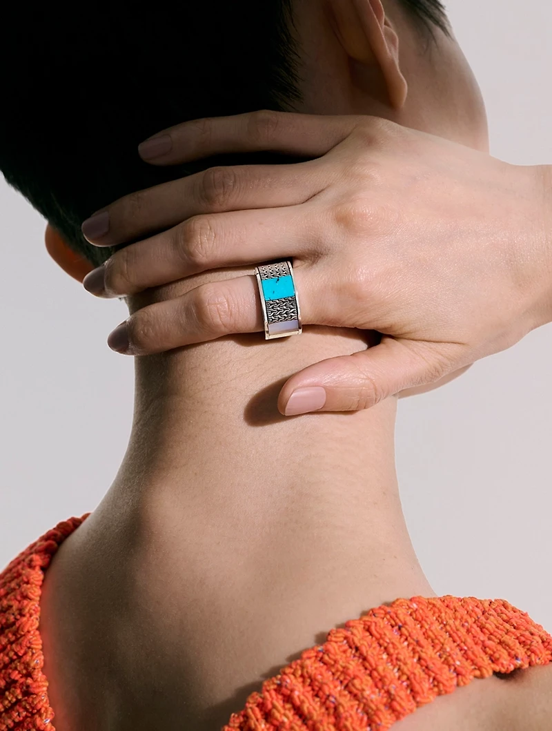 Streling Silver And Gold Carved Chain Ring With Gemstones