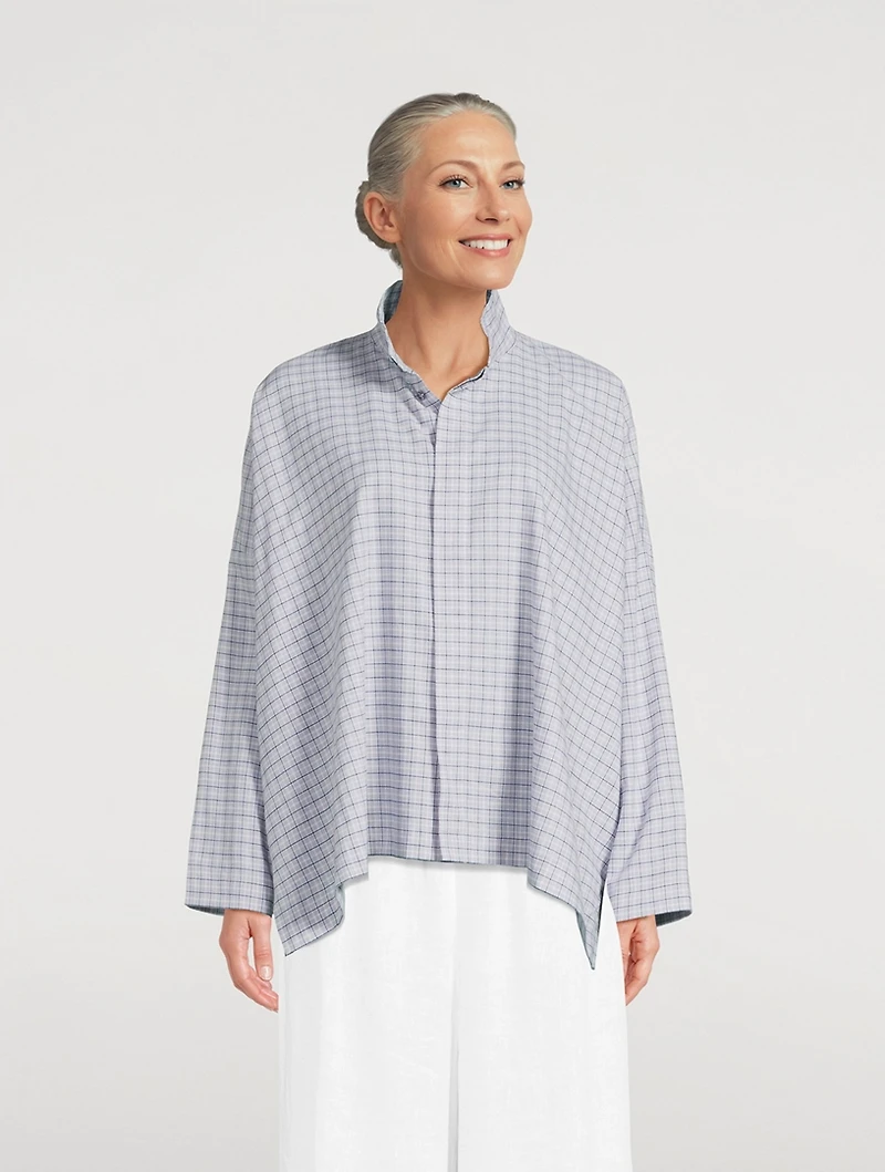 Double Stand Collar Shirt Plaid Print
