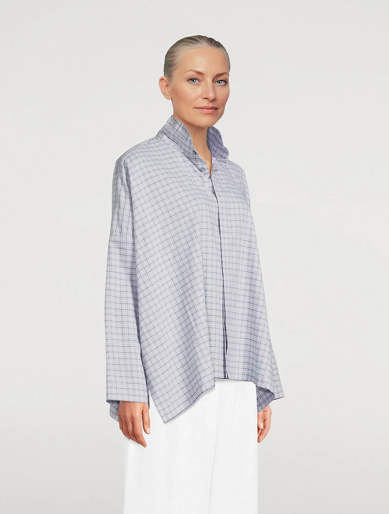 Double Stand Collar Shirt Plaid Print