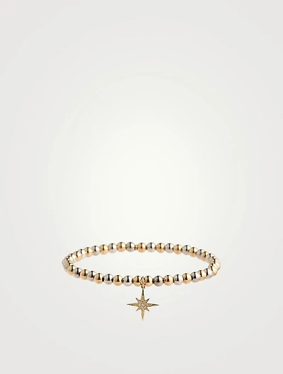 Two-Tone 14K Gold Beaded Bracelet With Small 14K Gold Pavé Diamond Starburst
