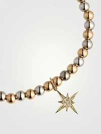 Two-Tone 14K Gold Beaded Bracelet With Small 14K Gold Pavé Diamond Starburst