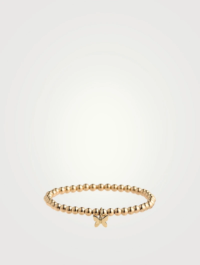 14K Gold Beaded Bracelet With Tiny 14K Gold Pure Butterfly Charm