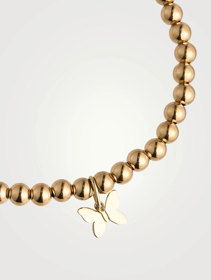 14K Gold Beaded Bracelet With Tiny 14K Gold Pure Butterfly Charm