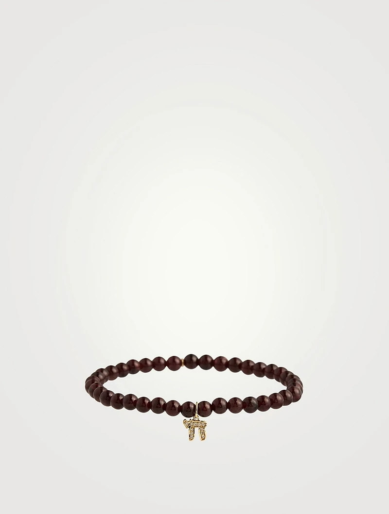 Red Garnet Beaded Bracelet With Small 14K Gold Diamond Chai Charm