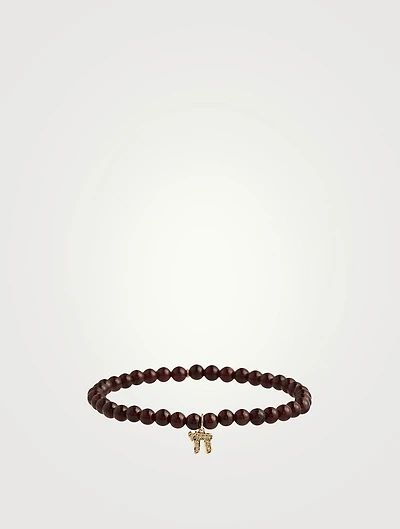 Red Garnet Beaded Bracelet With Small 14K Gold Diamond Chai Charm