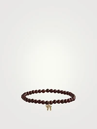 Red Garnet Beaded Bracelet With Small 14K Gold Diamond Chai Charm