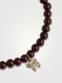 Red Garnet Beaded Bracelet With Small 14K Gold Diamond Chai Charm