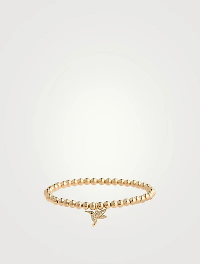 14K Gold Beaded Bracelet With Small 14K Diamond Hummingbird Charm