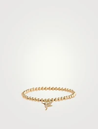 14K Gold Beaded Bracelet With Small 14K Diamond Hummingbird Charm