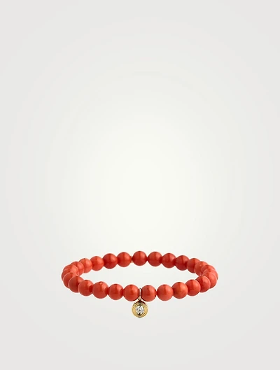 Peach Coral Beaded Bracelet With Fluted 14K Gold Diamond Charm