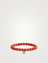 Peach Coral Beaded Bracelet With Fluted 14K Gold Diamond Charm