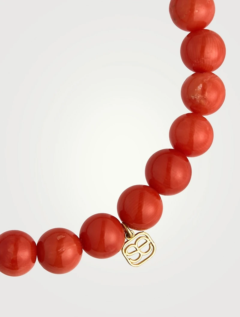 Peach Coral Beaded Bracelet With Fluted 14K Gold Diamond Charm