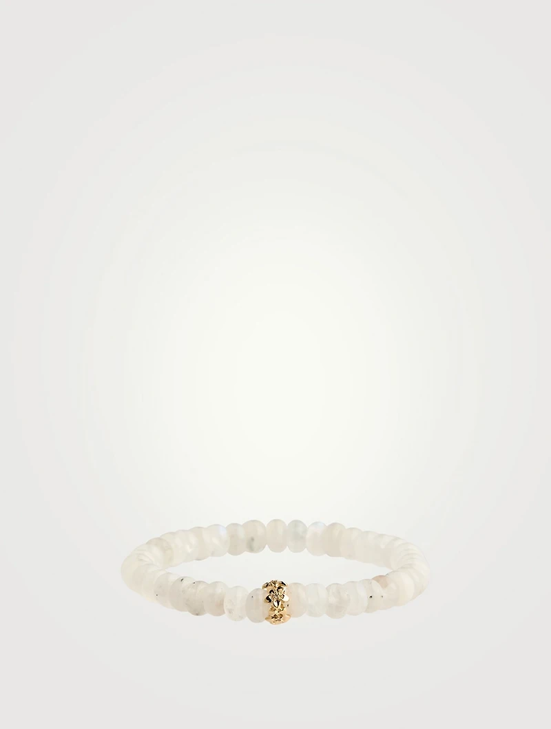 Rainbow Moonstone Beaded Bracelet With Tiny 14K Gold Plumeria Diamond Rondelle