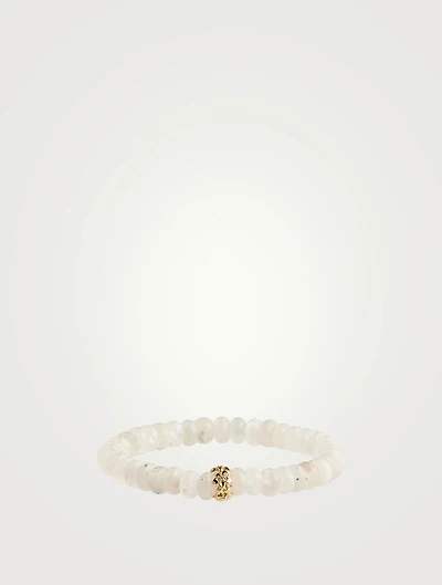 Rainbow Moonstone Beaded Bracelet With Tiny 14K Gold Plumeria Diamond Rondelle