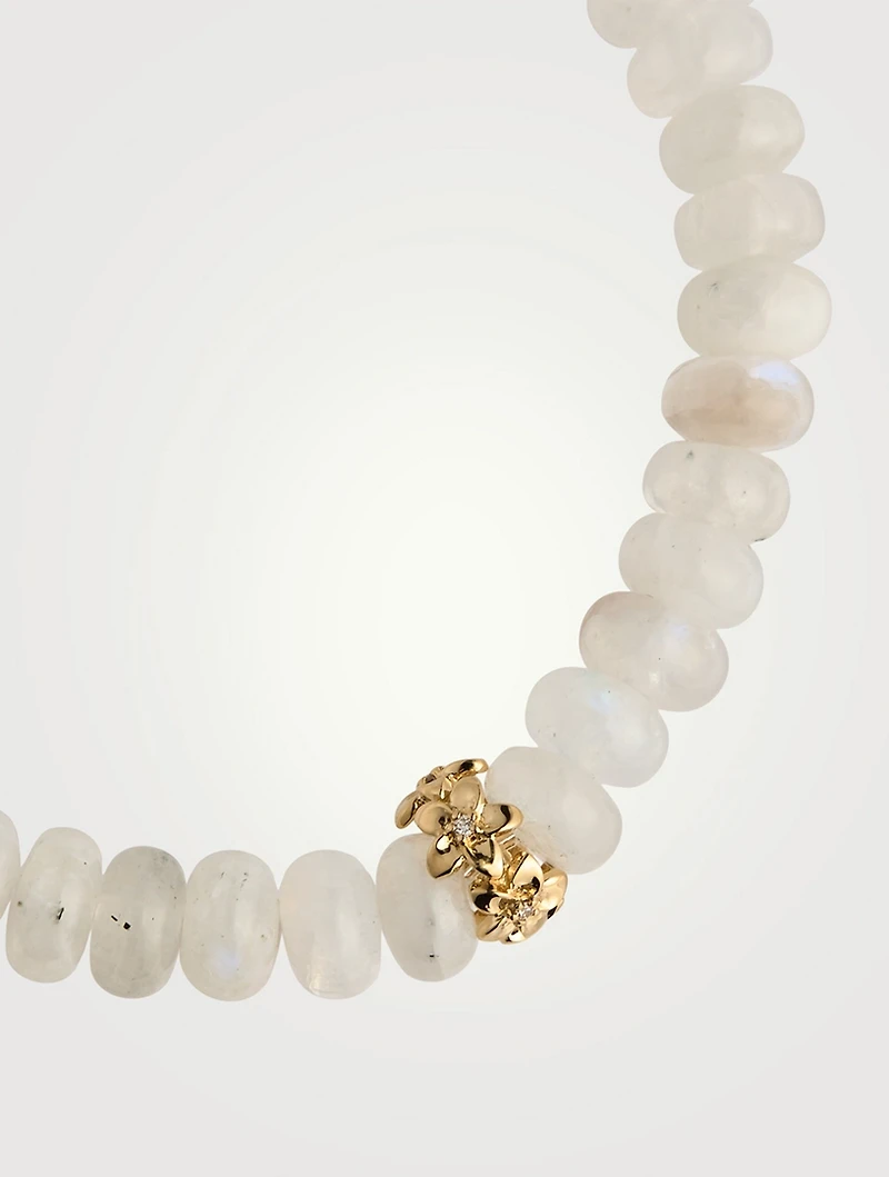 Rainbow Moonstone Beaded Bracelet With Tiny 14K Gold Plumeria Diamond Rondelle