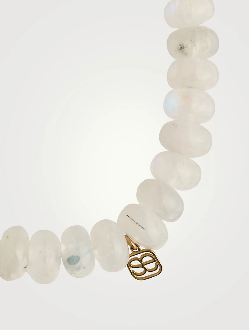 Rainbow Moonstone Beaded Bracelet With Tiny 14K Gold Plumeria Diamond Rondelle