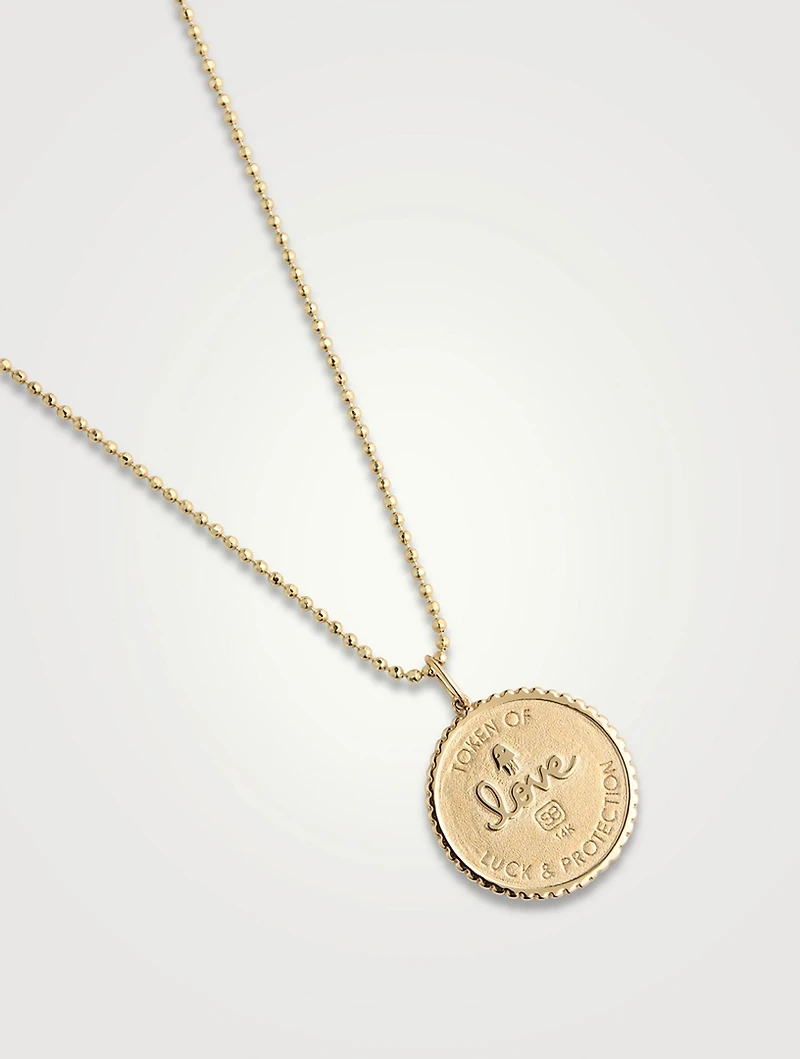 Small 14K Gold Luck Coin Pendant Necklace With Pavé Diamonds