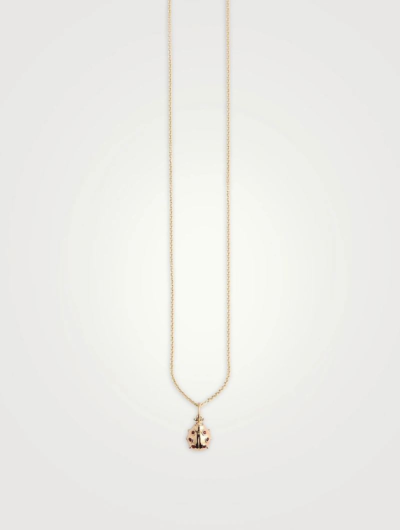 Tiny 14K Gold Ladybug Charm Necklace With Ruby And Diamonds