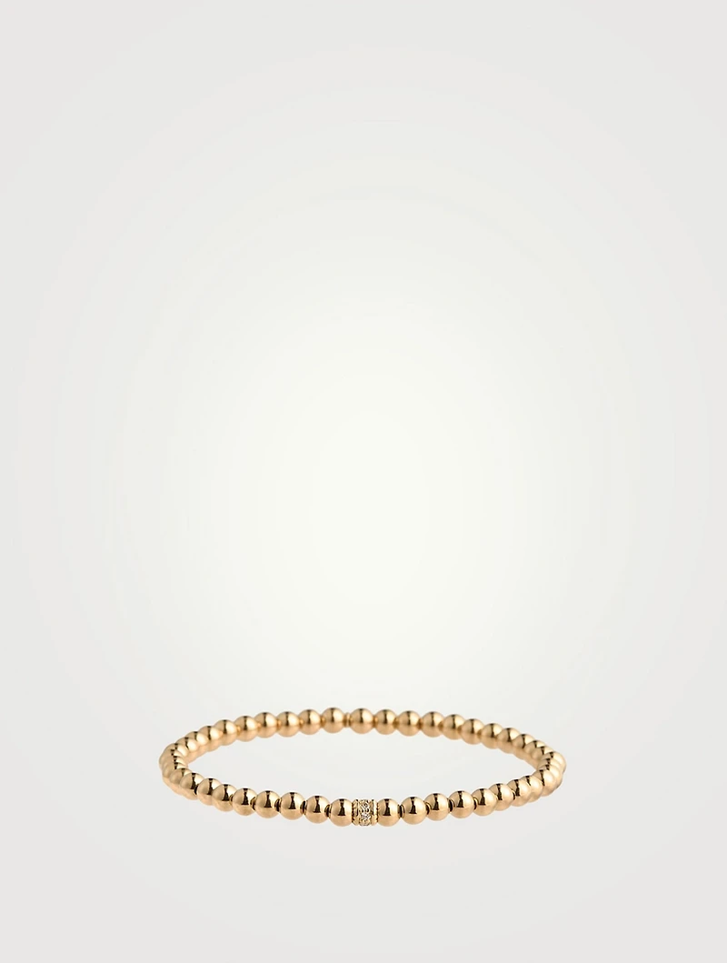 14K Gold Beaded Bracelet With 14K Gold Scallop Edge Pavé Diamond Rondelle