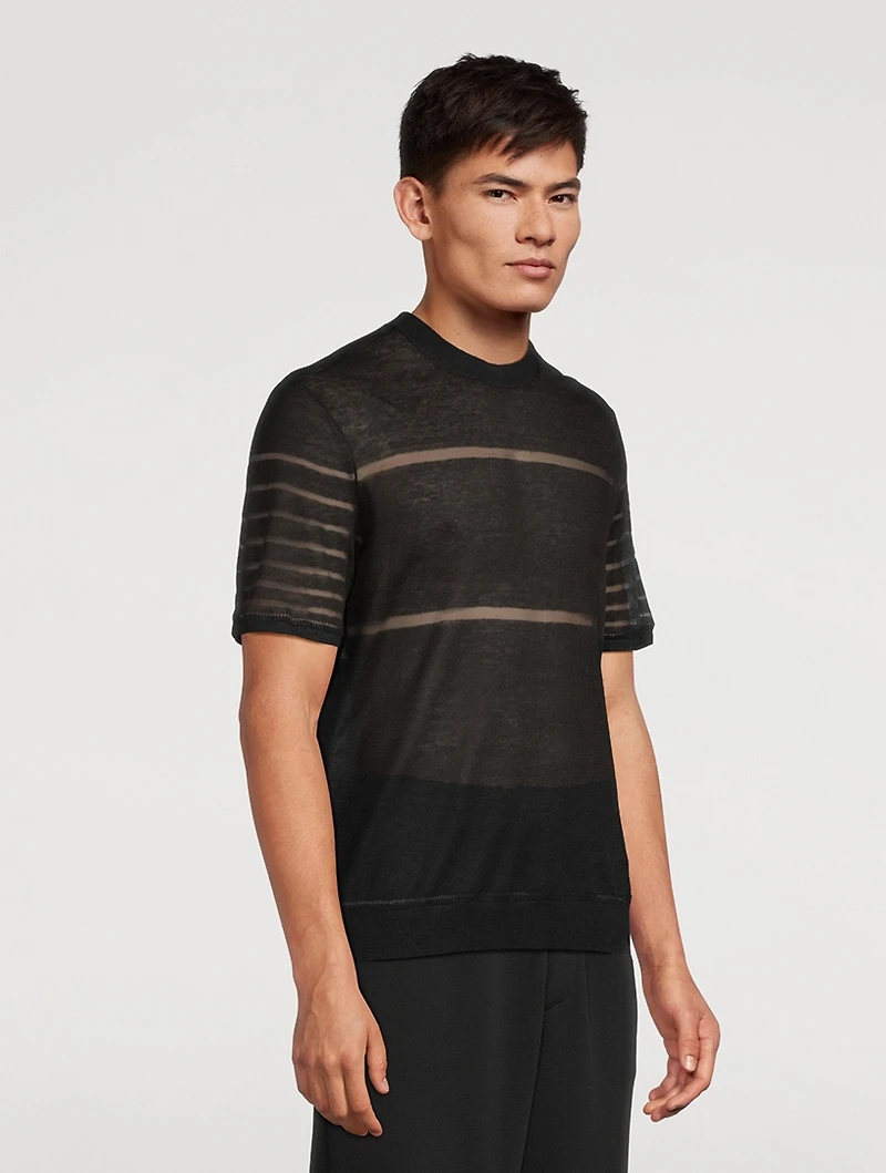 Linen Sheer-Stripe Knit T-Shirt