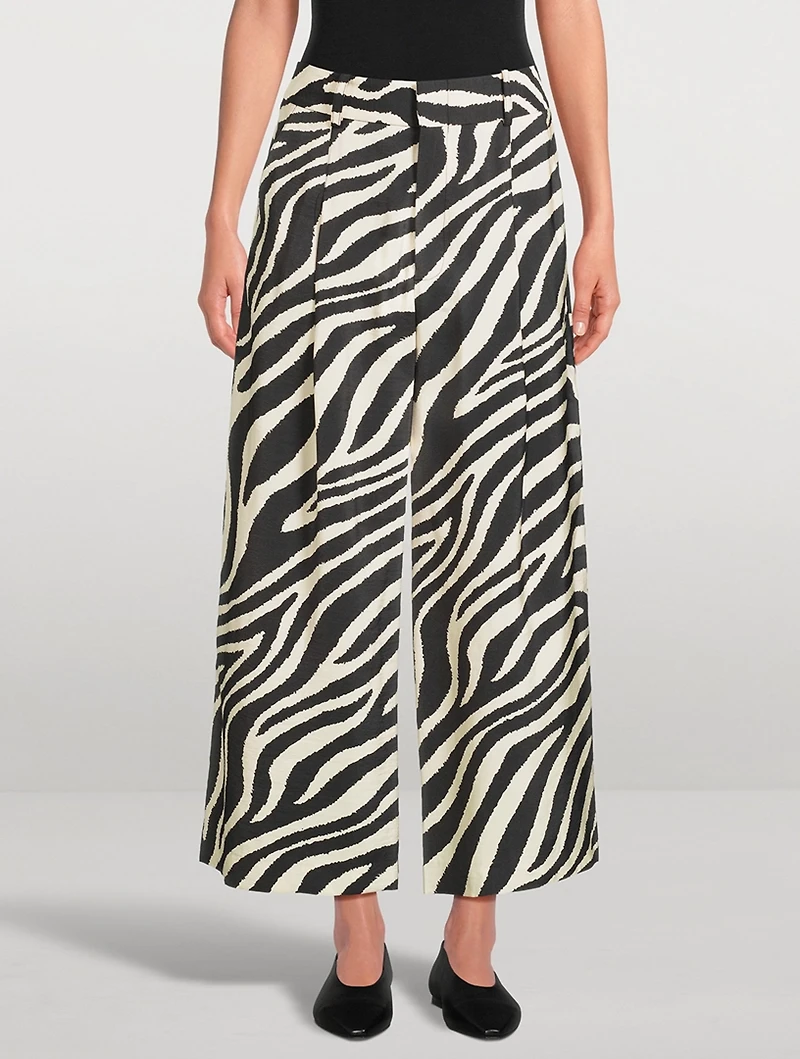Pleated Wide-Leg Trousers Zebra Print