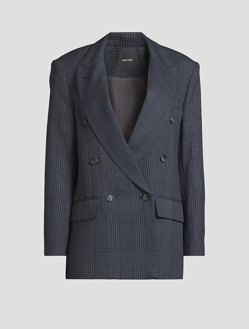 Double-Breasted Linen Blazer Glen Check Print
