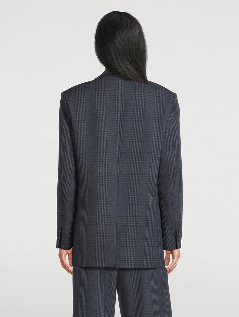 Double-Breasted Linen Blazer Glen Check Print